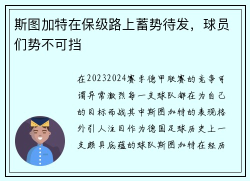 斯图加特在保级路上蓄势待发，球员们势不可挡