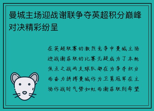 曼城主场迎战谢联争夺英超积分巅峰对决精彩纷呈